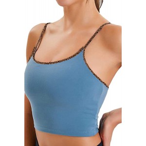 Blue Yoga Sexy Gathered Sports Bra with Leopard Trim