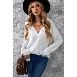 White Turn-down V Neck Long Sleeve Top