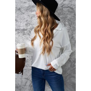 White Turn-down V Neck Long Sleeve Top