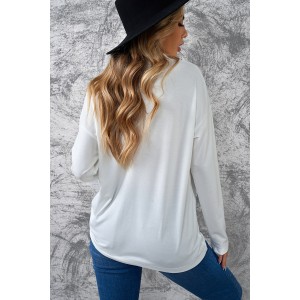 White Turn-down V Neck Long Sleeve Top