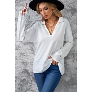 White Turn-down V Neck Long Sleeve Top