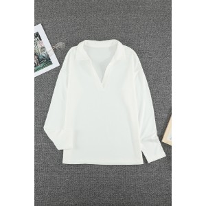 White Turn-down V Neck Long Sleeve Top