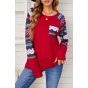 Red Raglan Sleeve Aztec Geometric Patchwork Top with Pocket