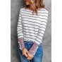 White Round Neck Leopard Splicing Sleeve Button Striped Top