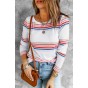 White Stripe Print Crew Neck Long Sleeve Top