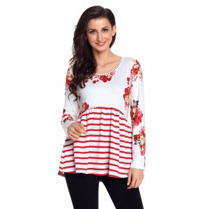 White Floral Striped Babydoll Tunic